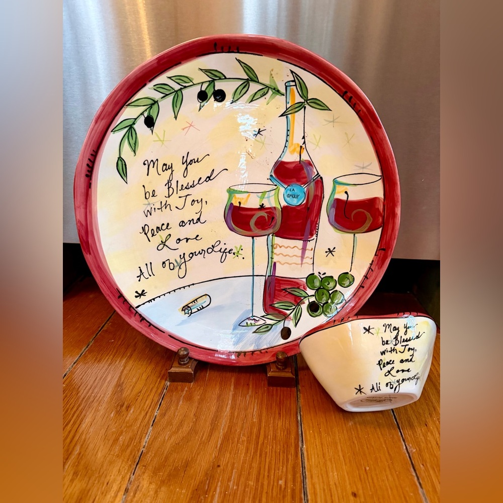 Julia Junkin handpainted ceramic platter with matching serving bowl